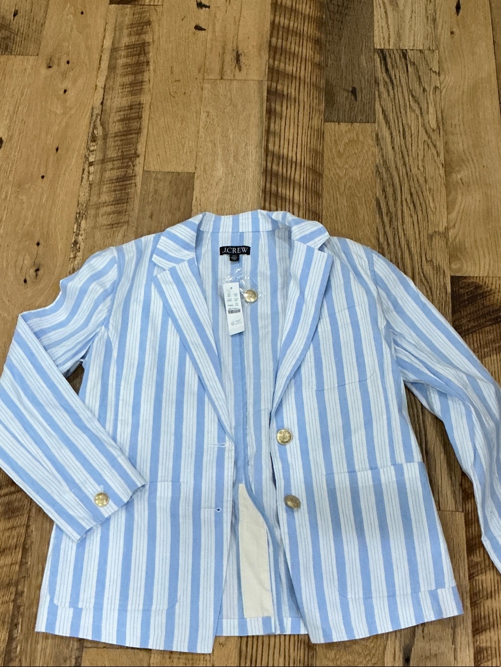 J. Crew Light Blue and White Striped Blazer with Gold Buttons